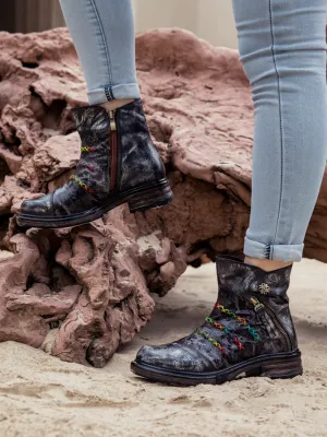 Vicconfy | Genuine Leather Rainbow Stitch Floral Embossed Ankle Boots