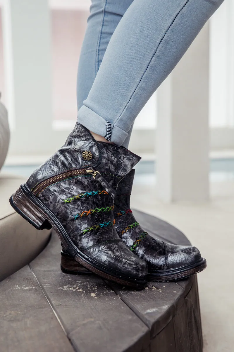 Vicconfy | Genuine Leather Rainbow Stitch Floral Embossed Ankle Boots