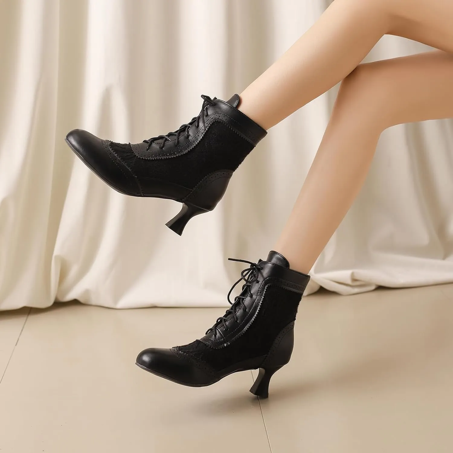 Vintage Victorian Boots for Women Kitten Heel Lace Ruffles Granny Boots Lace Up Ankle-High Booties