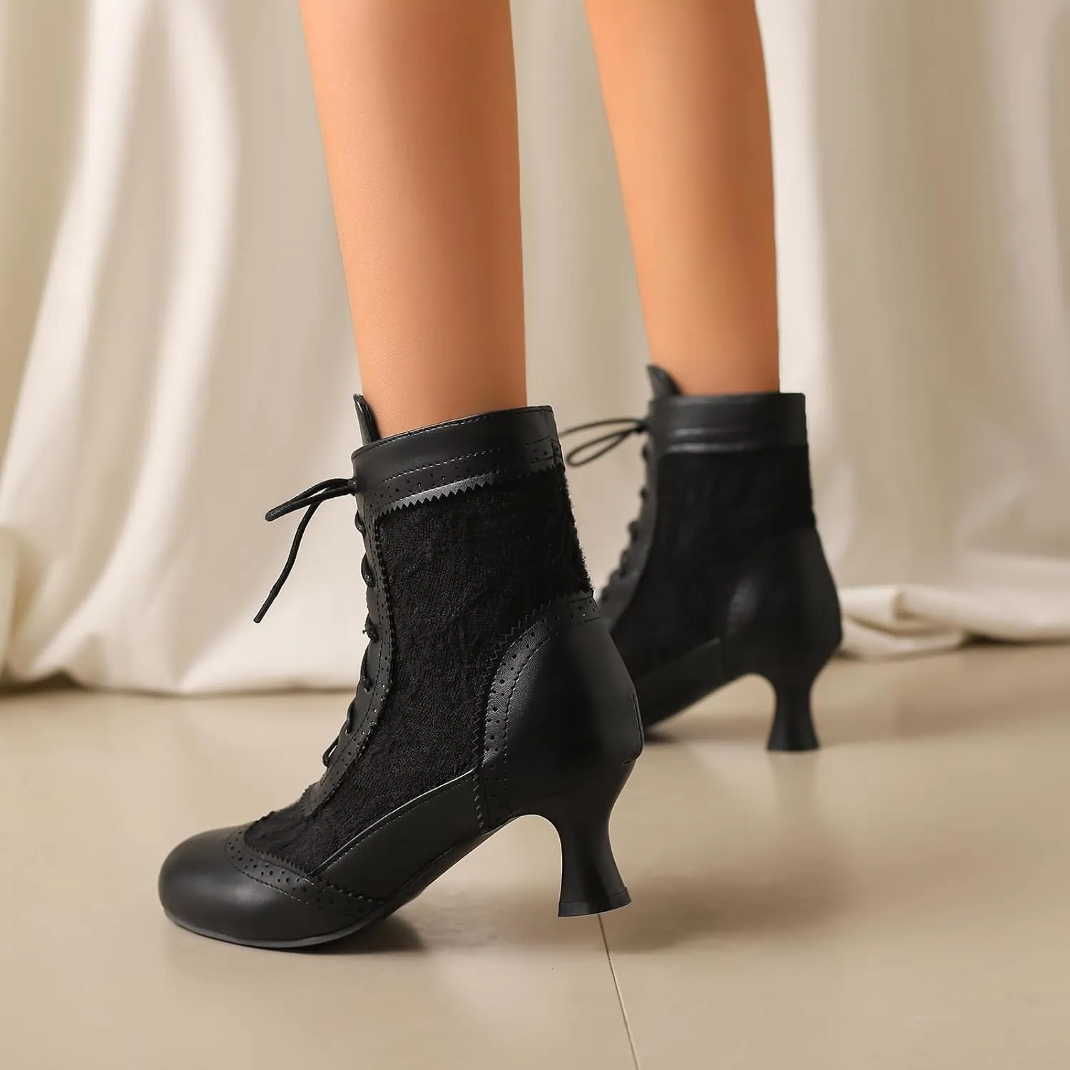 Vintage Victorian Boots for Women Kitten Heel Lace Ruffles Granny Boots Lace Up Ankle-High Booties