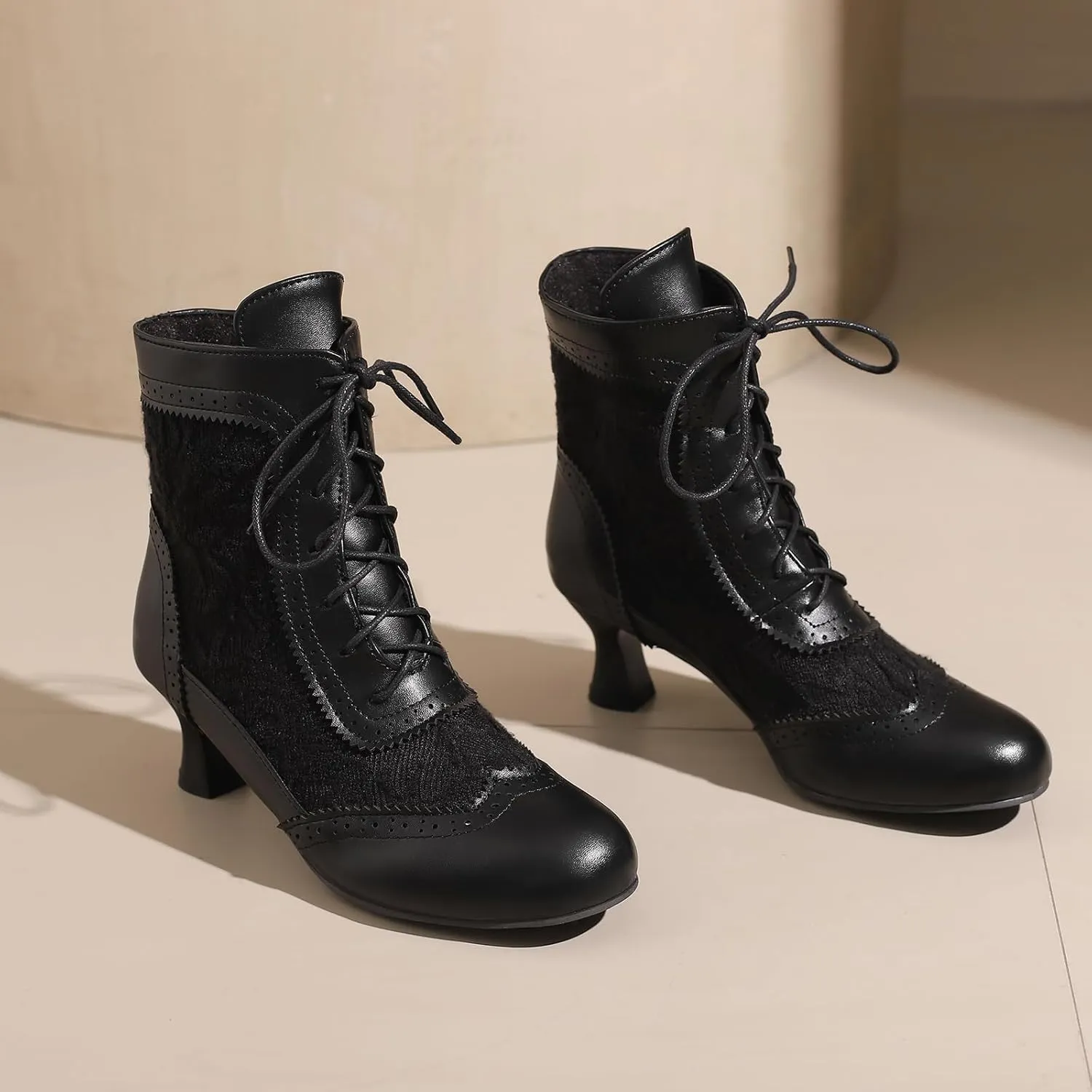Vintage Victorian Boots for Women Kitten Heel Lace Ruffles Granny Boots Lace Up Ankle-High Booties