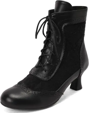 Vintage Victorian Boots for Women Kitten Heel Lace Ruffles Granny Boots Lace Up Ankle-High Booties