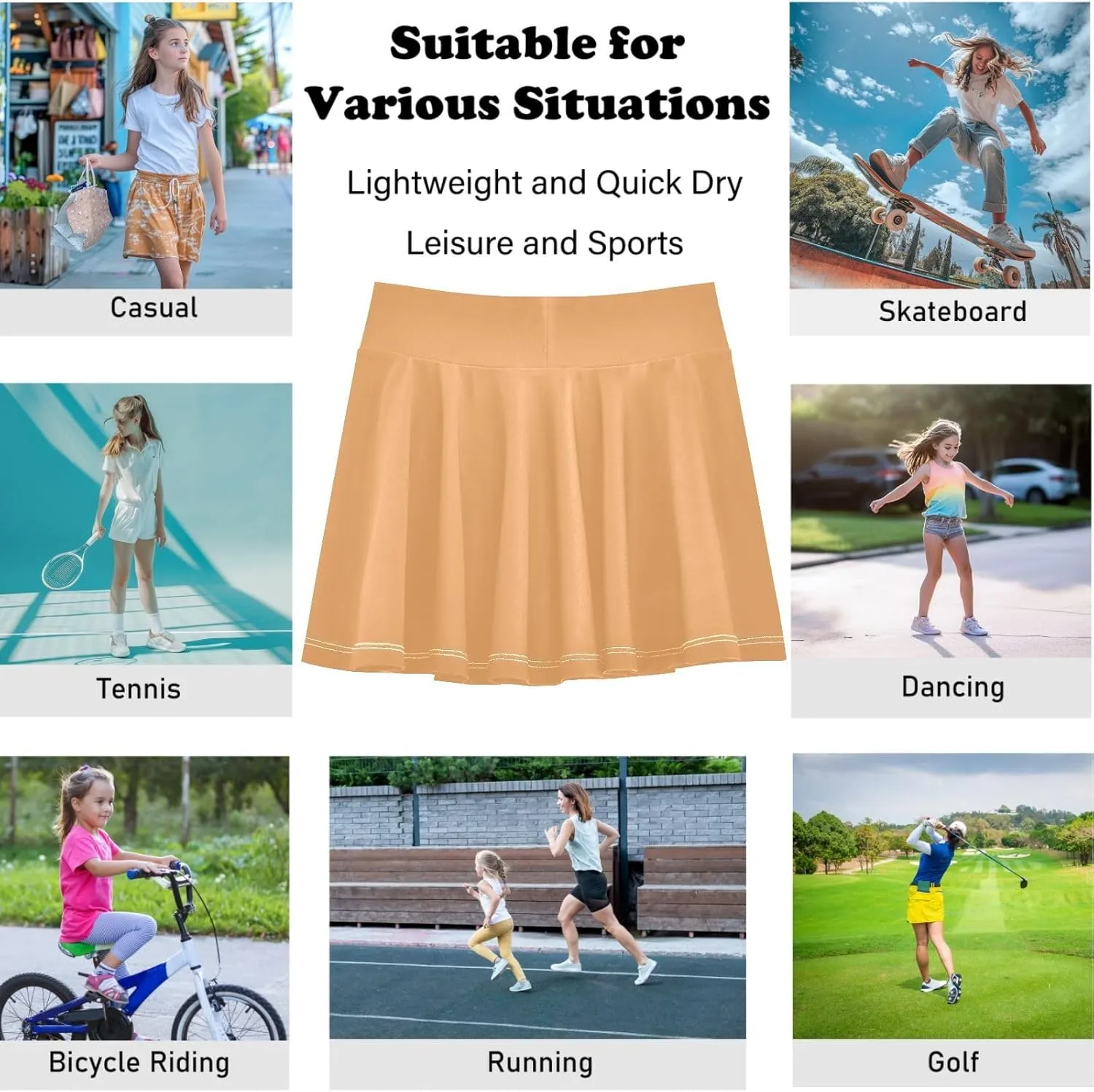 visesunny Girl's Golf Skirt Athletic Solid Color Light Orange Tennis Skort Sport Activewear with Double Layer Pockets