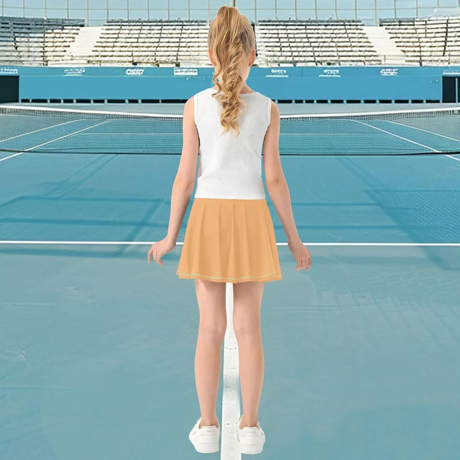 visesunny Girl's Golf Skirt Athletic Solid Color Light Orange Tennis Skort Sport Activewear with Double Layer Pockets