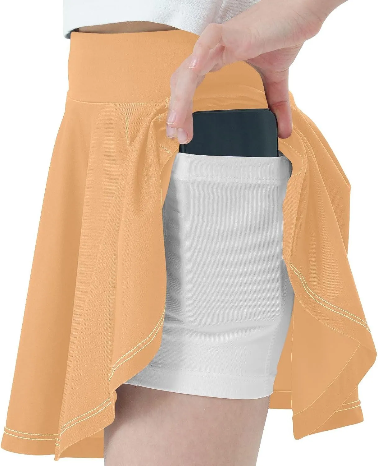 visesunny Girl's Golf Skirt Athletic Solid Color Light Orange Tennis Skort Sport Activewear with Double Layer Pockets