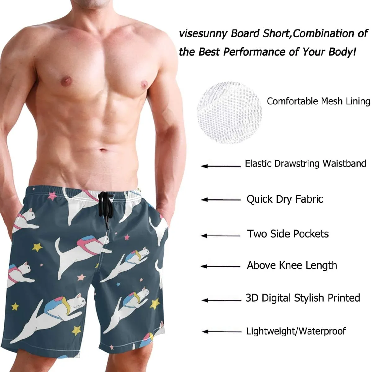 visesunny Stylish Mens Swim Trunks Quick Dry Beachwear Sports Swim Board Shorts Holiday Party Bathing Suits