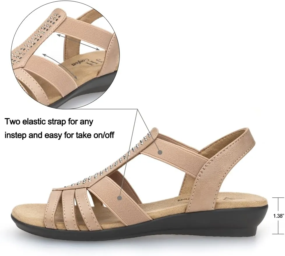 VJH confort Women's Flat Sandals, Comfort Elastic Slip-on Light Weight Slingback Casual Walking Sandals with Rhinestone