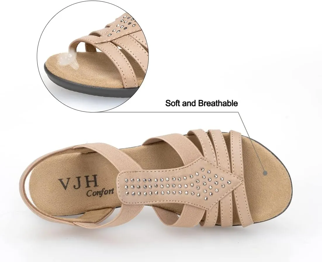 VJH confort Women's Flat Sandals, Comfort Elastic Slip-on Light Weight Slingback Casual Walking Sandals with Rhinestone