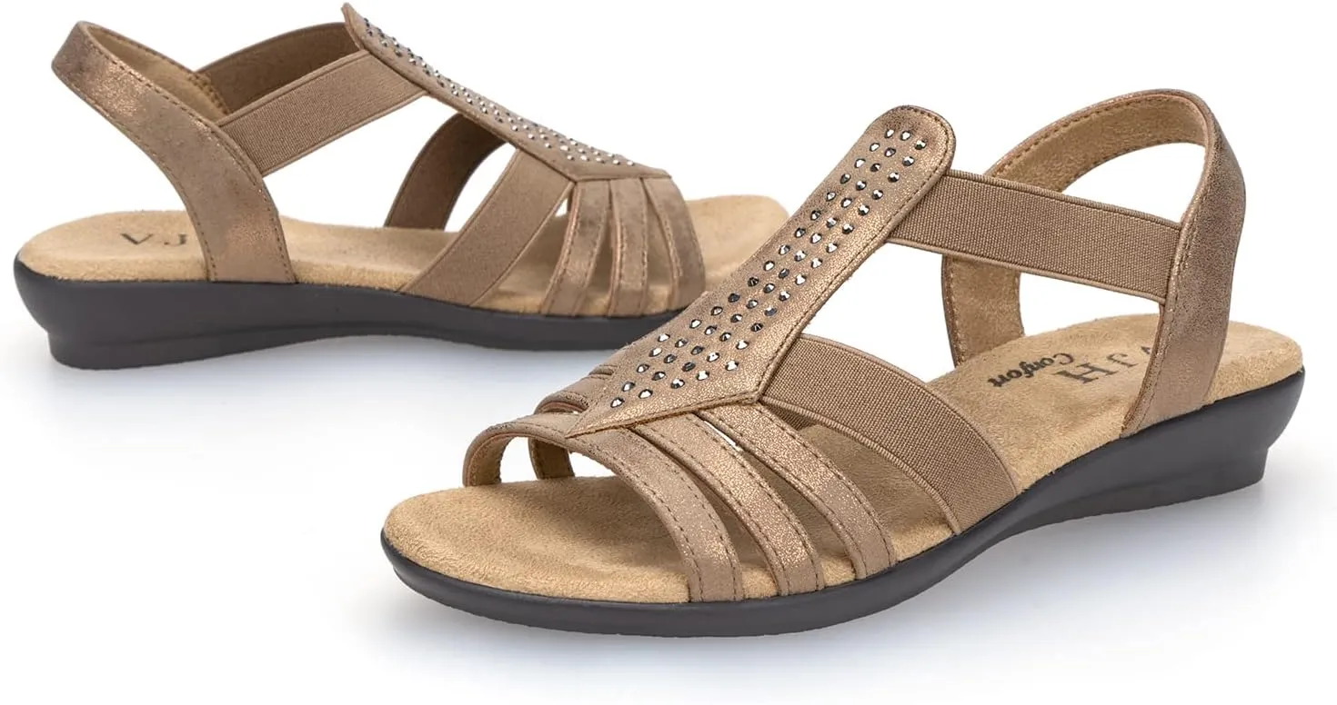 VJH confort Women's Flat Sandals, Comfort Elastic Slip-on Light Weight Slingback Casual Walking Sandals with Rhinestone