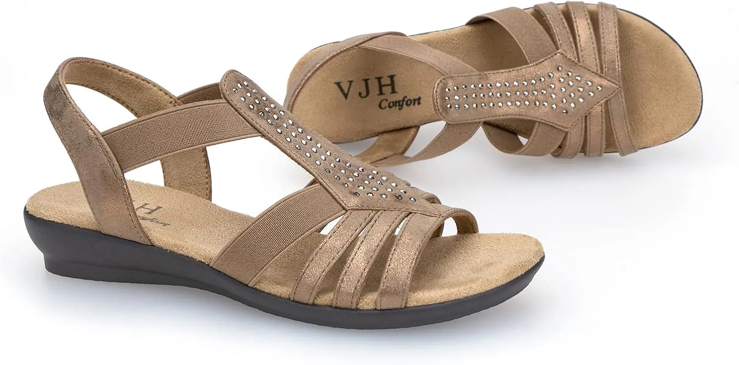 VJH confort Women's Flat Sandals, Comfort Elastic Slip-on Light Weight Slingback Casual Walking Sandals with Rhinestone