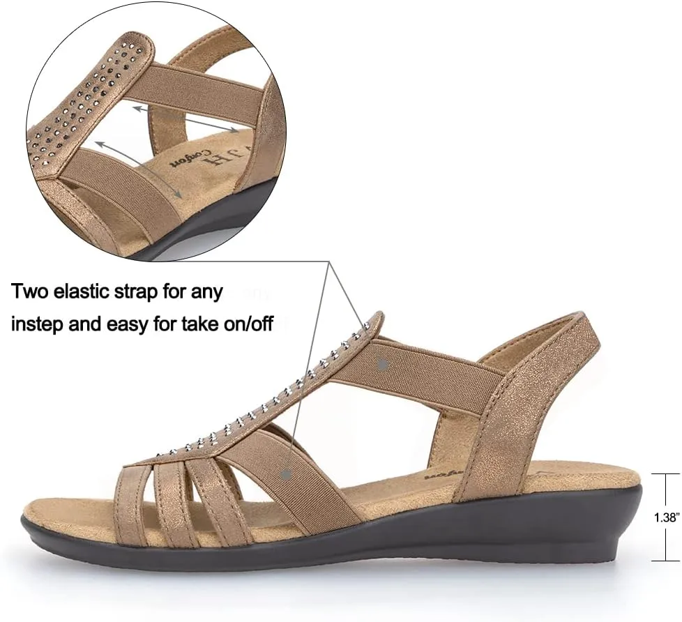 VJH confort Women's Flat Sandals, Comfort Elastic Slip-on Light Weight Slingback Casual Walking Sandals with Rhinestone