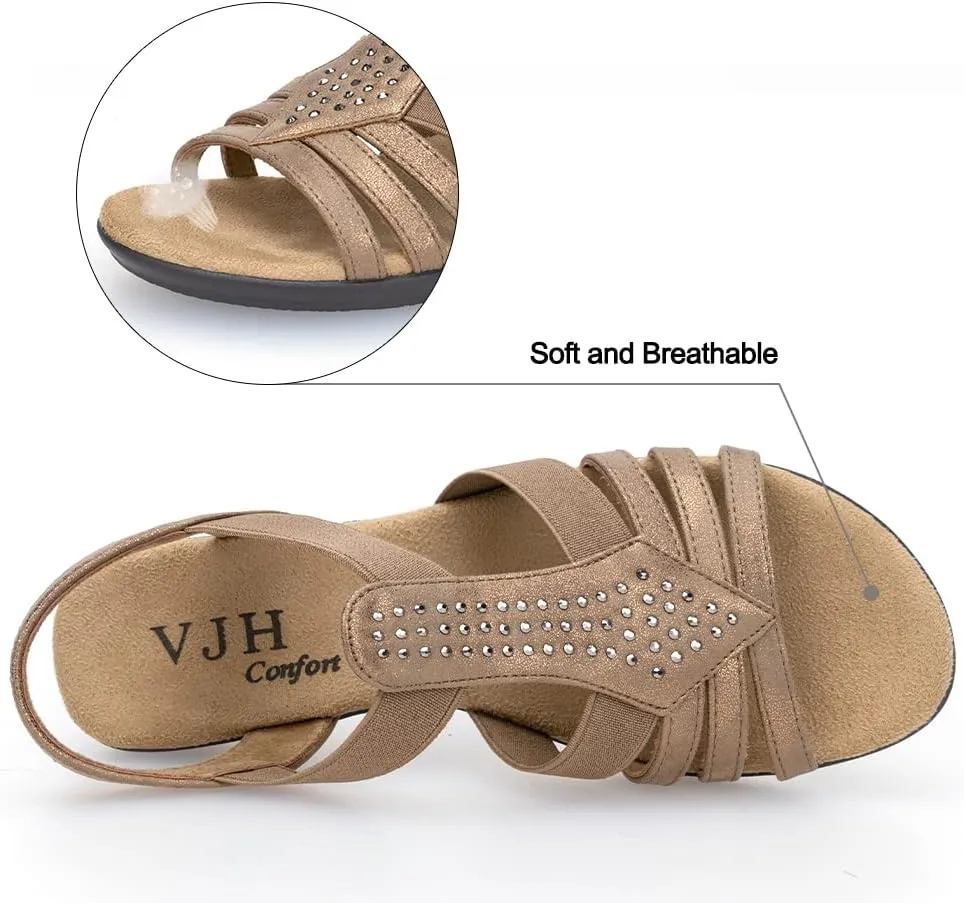 VJH confort Women's Flat Sandals, Comfort Elastic Slip-on Light Weight Slingback Casual Walking Sandals with Rhinestone
