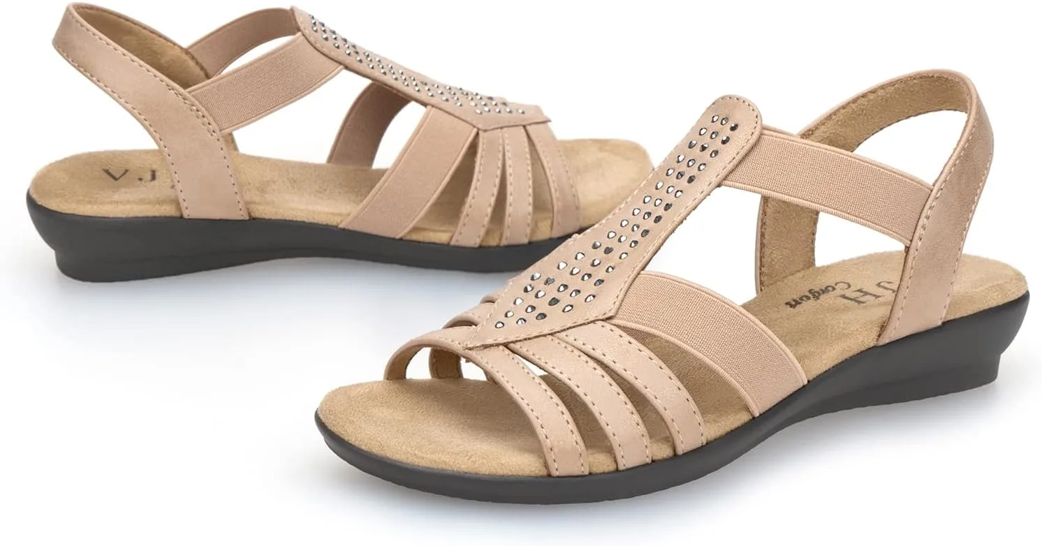 VJH confort Women's Flat Sandals, Comfort Elastic Slip-on Light Weight Slingback Casual Walking Sandals with Rhinestone