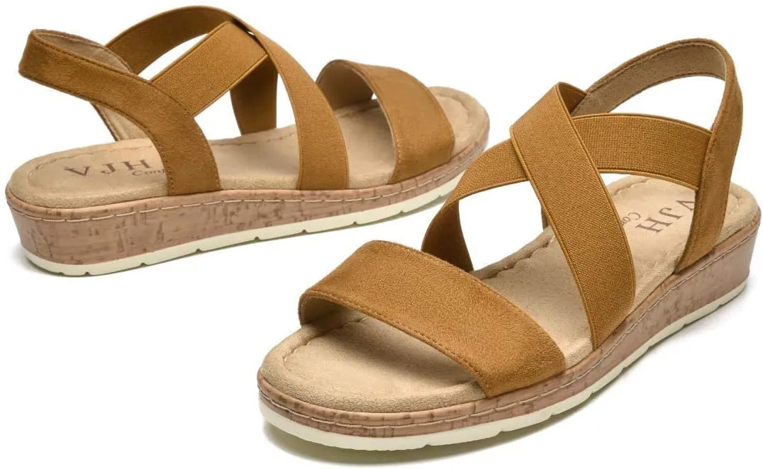 VJH confort Women's Flat sandals, Comfort Slip-on Elastic ankle strap Slingback Light Weight Casual Walking Sandals