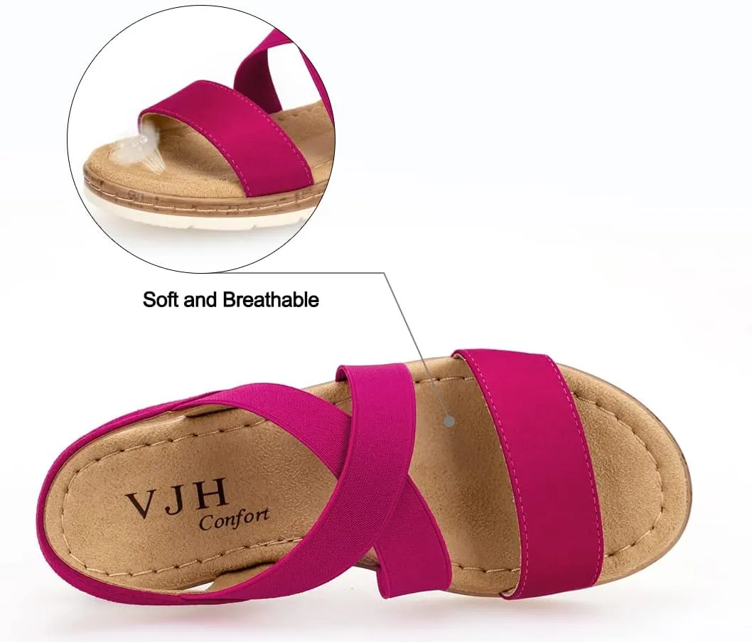 VJH confort Women's Flat sandals, Comfort Slip-on Elastic ankle strap Slingback Light Weight Casual Walking Sandals
