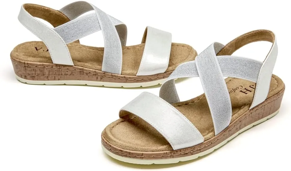 VJH confort Women's Flat sandals, Comfort Slip-on Elastic ankle strap Slingback Light Weight Casual Walking Sandals