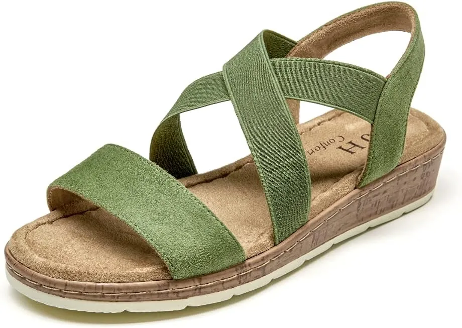 VJH confort Women's Flat sandals, Comfort Slip-on Elastic ankle strap Slingback Light Weight Casual Walking Sandals