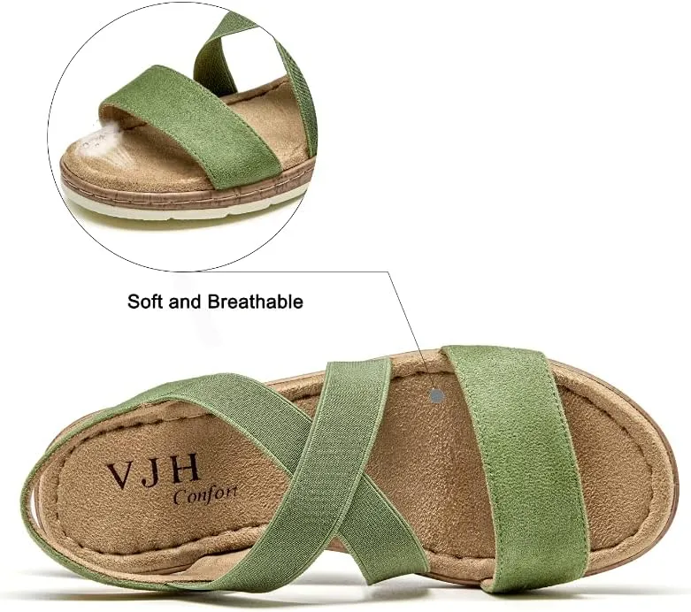 VJH confort Women's Flat sandals, Comfort Slip-on Elastic ankle strap Slingback Light Weight Casual Walking Sandals