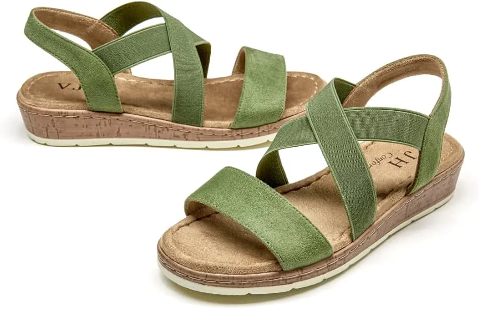VJH confort Women's Flat sandals, Comfort Slip-on Elastic ankle strap Slingback Light Weight Casual Walking Sandals