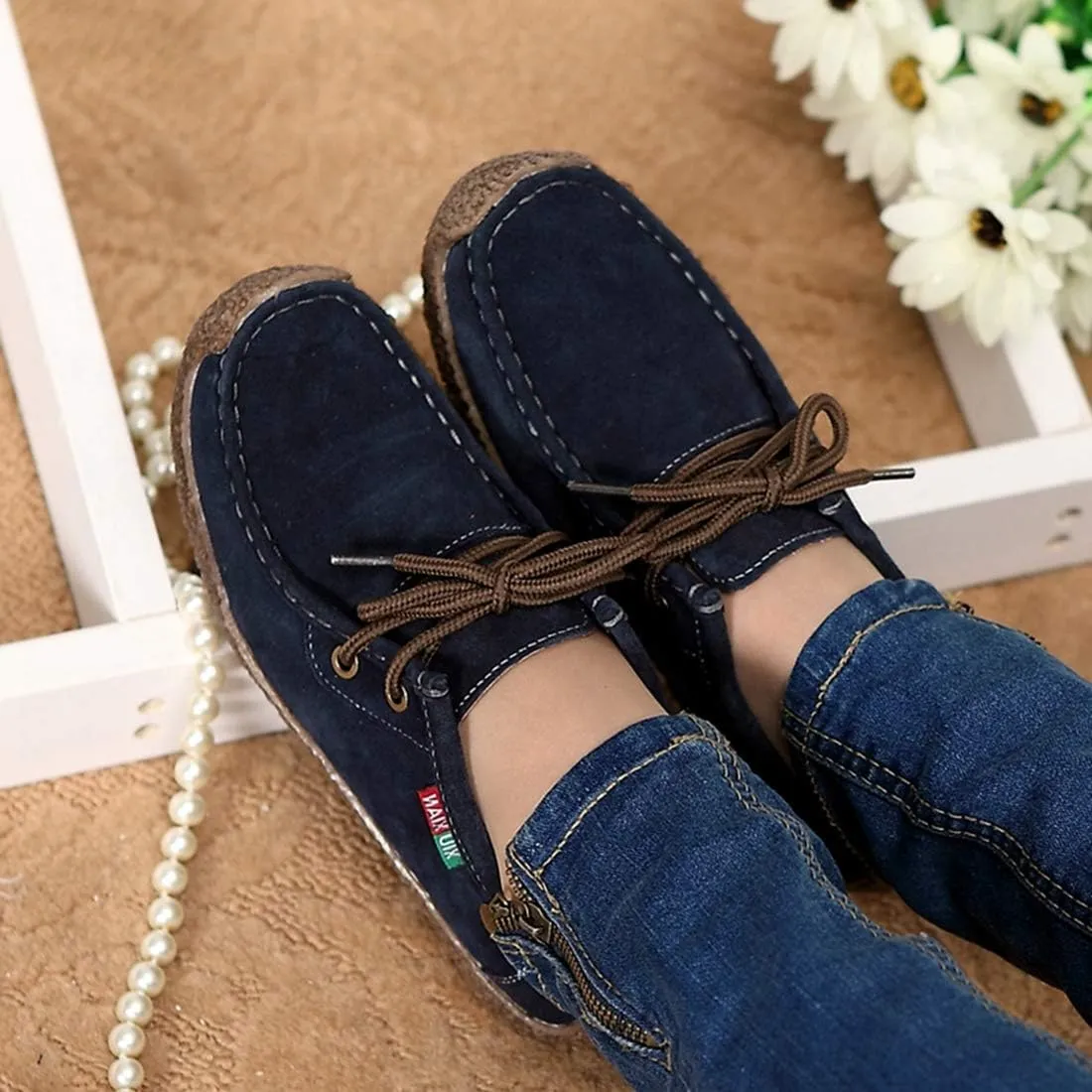 VOKLIN Women's Casual Driving Loafers Moccasins Lace Up Breathable Comfortable Flat Driver Oxfords Shoes