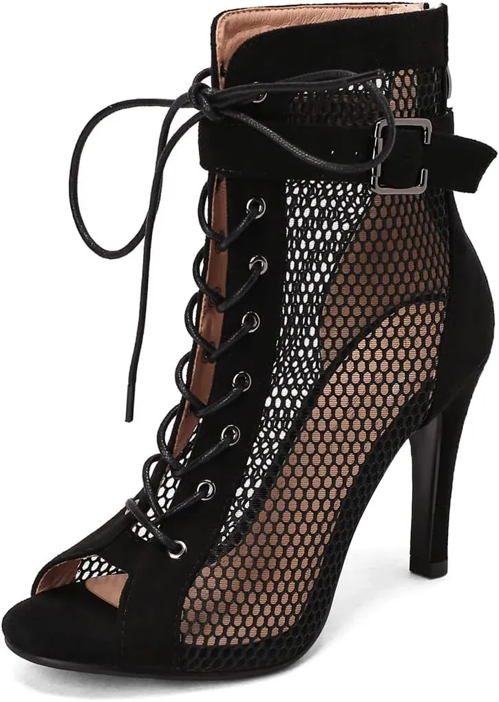 VOKLIN Women's Peep Toe Stilettos High Heel Sandals Fashion Sexy Lace Up Zip Dress Pump Ankle Booties Shoes