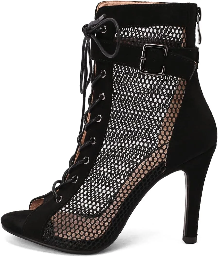VOKLIN Women's Peep Toe Stilettos High Heel Sandals Fashion Sexy Lace Up Zip Dress Pump Ankle Booties Shoes