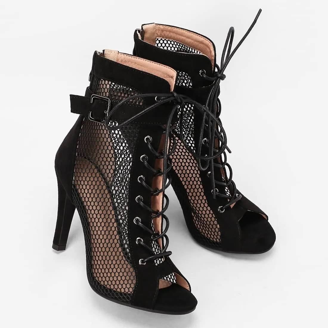 VOKLIN Women's Peep Toe Stilettos High Heel Sandals Fashion Sexy Lace Up Zip Dress Pump Ankle Booties Shoes