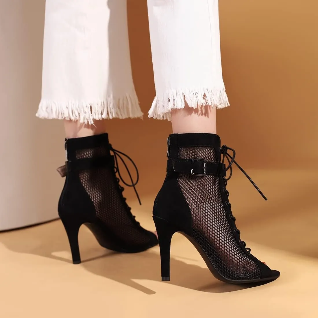 VOKLIN Women's Peep Toe Stilettos High Heel Sandals Fashion Sexy Lace Up Zip Dress Pump Ankle Booties Shoes