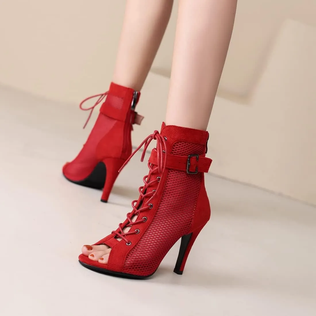 VOKLIN Women's Peep Toe Stilettos High Heel Sandals Fashion Sexy Lace Up Zip Dress Pump Ankle Booties Shoes