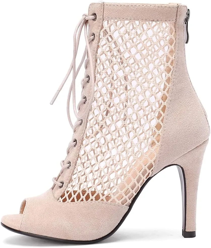 VOKLIN Women's Peep Toe Stilettos High Heel Sandals Fashion Sexy Lace Up Zip Dress Pump Shoes Ankle Booties