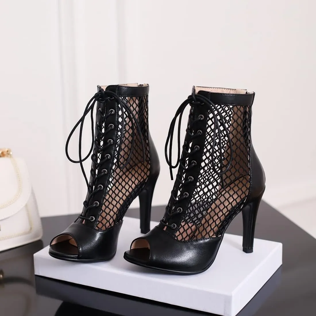 VOKLIN Women's Peep Toe Stilettos High Heel Sandals Fashion Sexy Lace Up Zip Dress Pump Shoes Ankle Booties