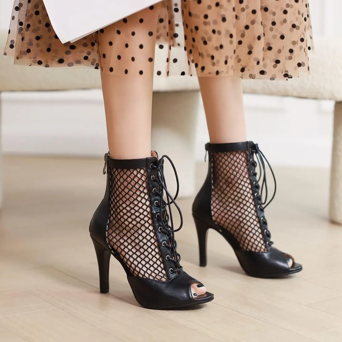 VOKLIN Women's Peep Toe Stilettos High Heel Sandals Fashion Sexy Lace Up Zip Dress Pump Shoes Ankle Booties