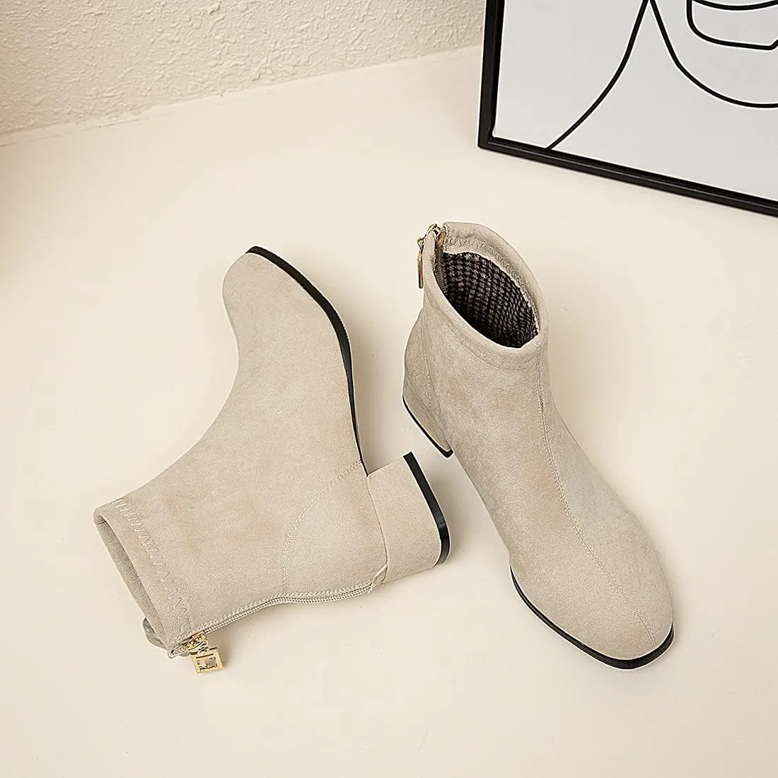 VOKLIN Women's Square Toe Low Heel Dressy Ankle Booties Vegan Suede Back Zipper Elegant Dress Short Boots