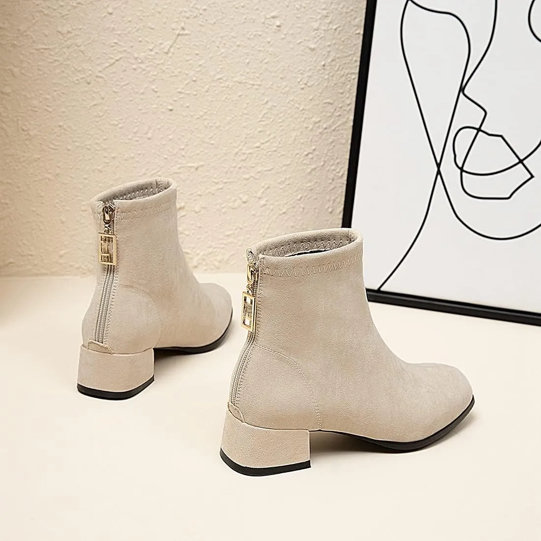 VOKLIN Women's Square Toe Low Heel Dressy Ankle Booties Vegan Suede Back Zipper Elegant Dress Short Boots