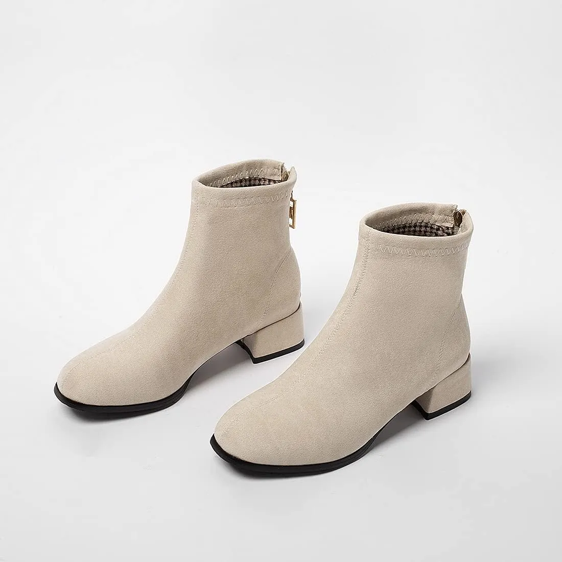 VOKLIN Women's Square Toe Low Heel Dressy Ankle Booties Vegan Suede Back Zipper Elegant Dress Short Boots