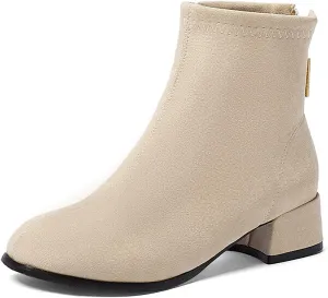 VOKLIN Women's Square Toe Low Heel Dressy Ankle Booties Vegan Suede Back Zipper Elegant Dress Short Boots