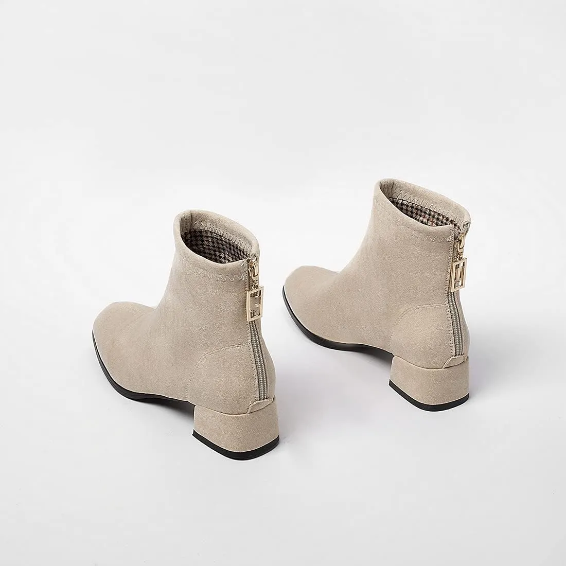 VOKLIN Women's Square Toe Low Heel Dressy Ankle Booties Vegan Suede Back Zipper Elegant Dress Short Boots