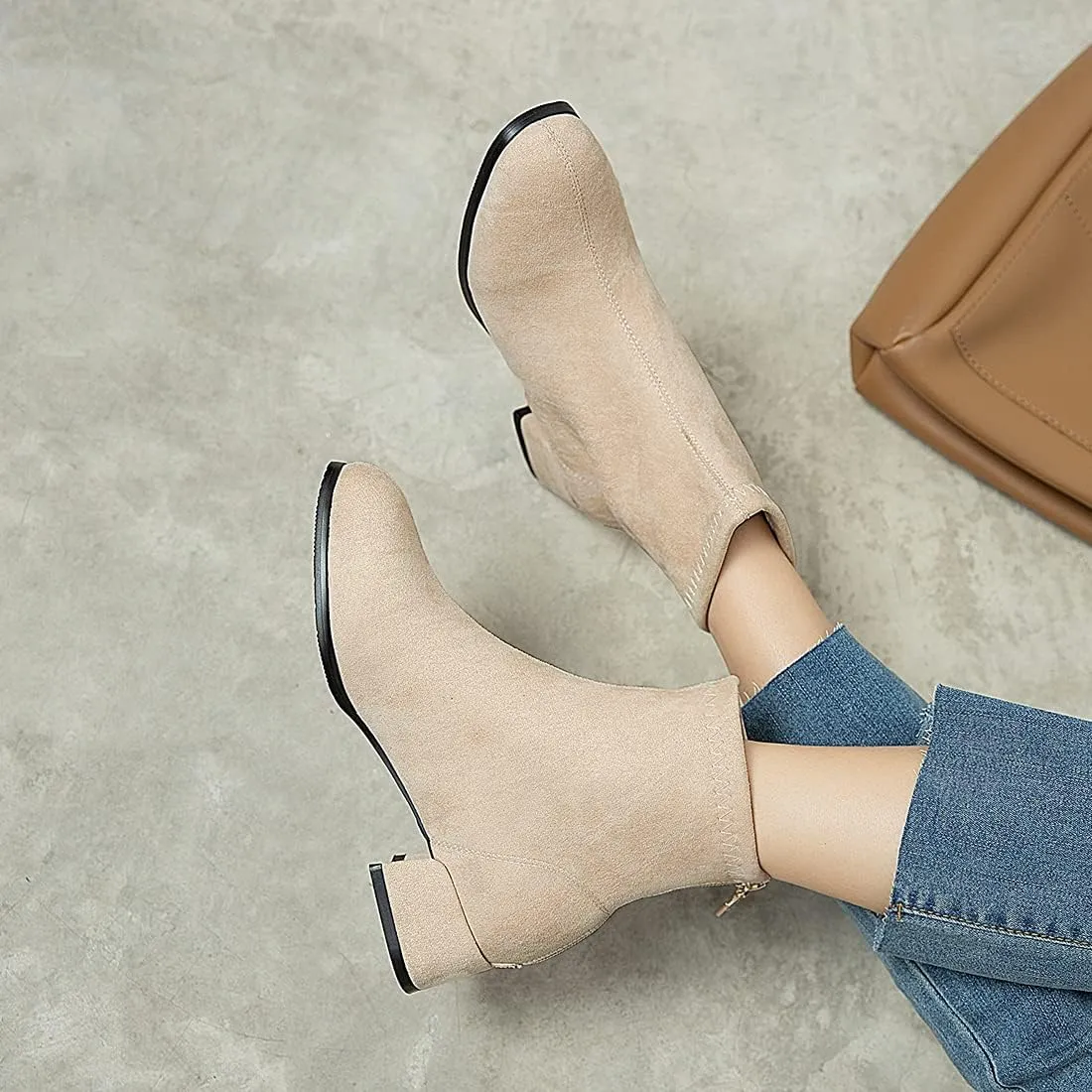 VOKLIN Women's Square Toe Low Heel Dressy Ankle Booties Vegan Suede Back Zipper Elegant Dress Short Boots
