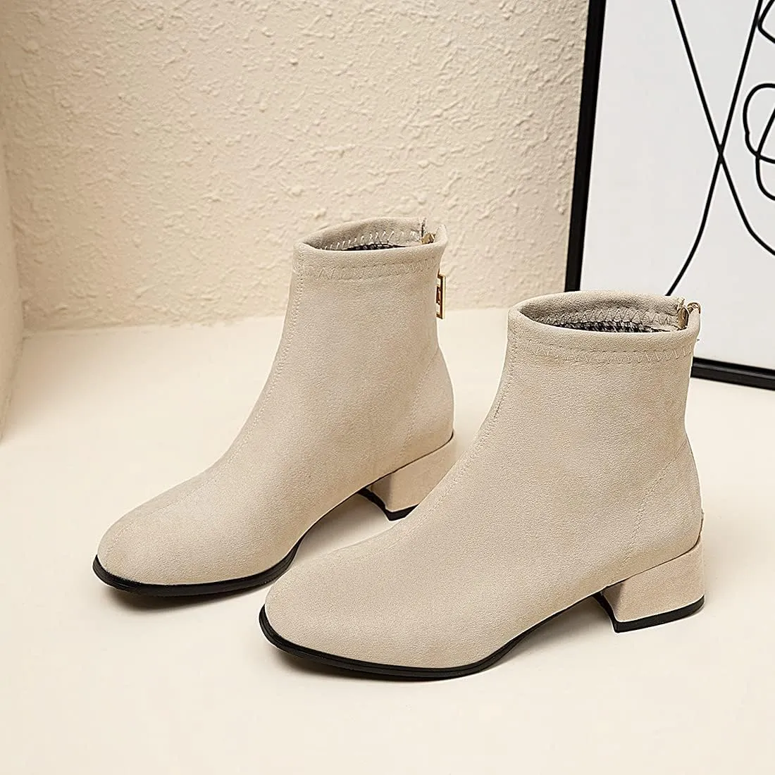 VOKLIN Women's Square Toe Low Heel Dressy Ankle Booties Vegan Suede Back Zipper Elegant Dress Short Boots