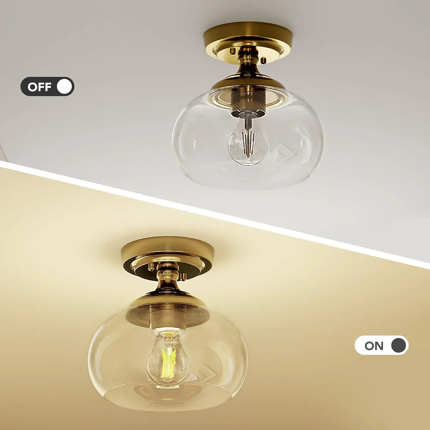 VONLUCE Industrial Semi Flush Mount Ceiling Light, 8.3" Ceiling Light Fixture with Clear Glass Shade, Farmhouse Lighting for Hallway Kitchen Bedroom Entryway, Brushed Gold Flush Mount Light Fixture
