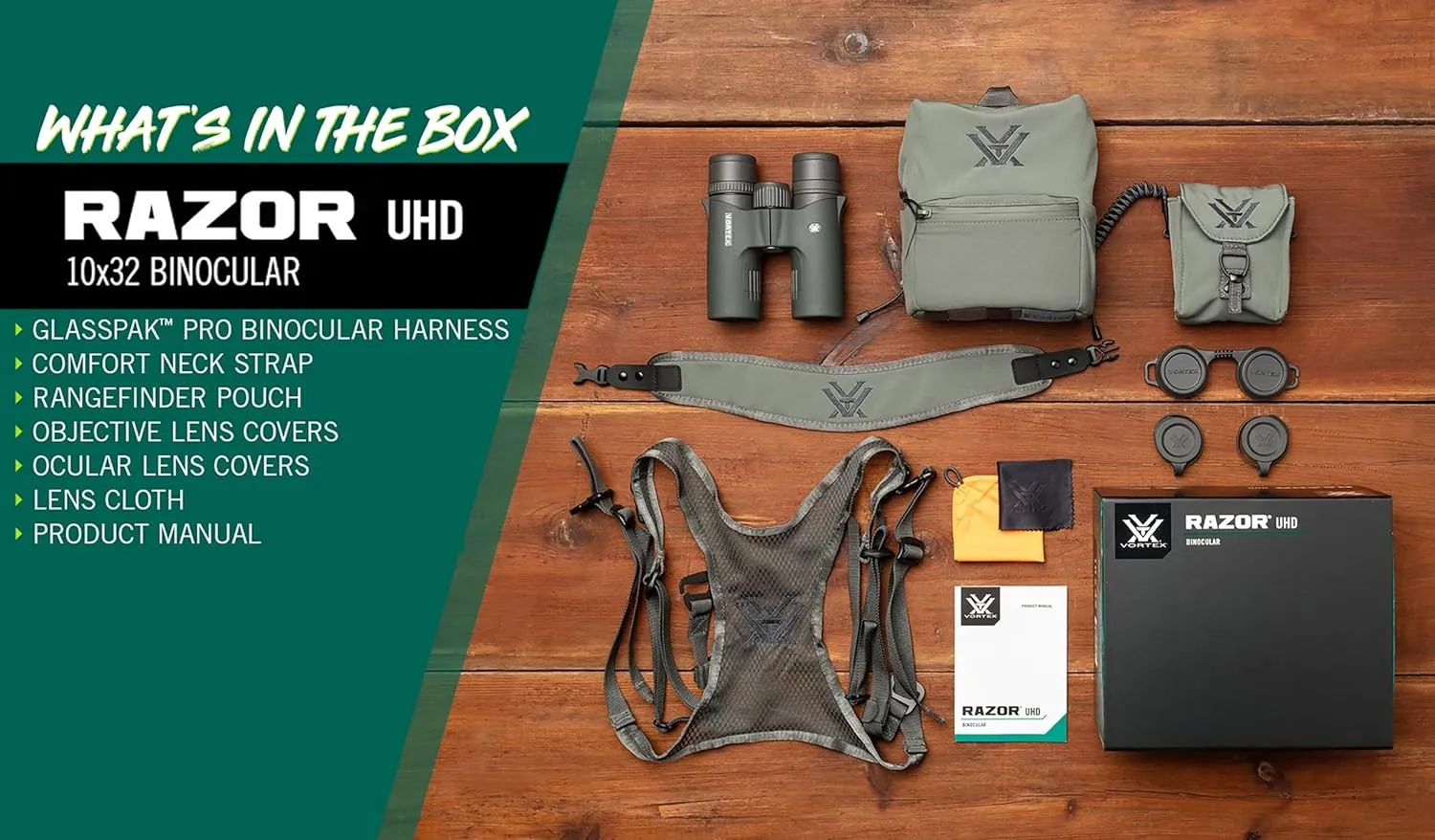 Vortex Optics Razor UHD 10x32 Binoculars & GlassPak Pro Binocular Harness