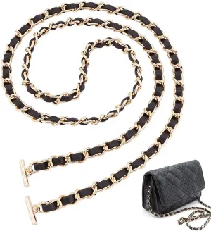 WADORN Leather Purse Chain Strap, 48 Inch PU Leather Woven Crossbody Replacement Strap with Toggle Clasp Iron Flat Chain Strap Handbag Chain Accessories for Clutch Evening Bag Satchel, Black 1