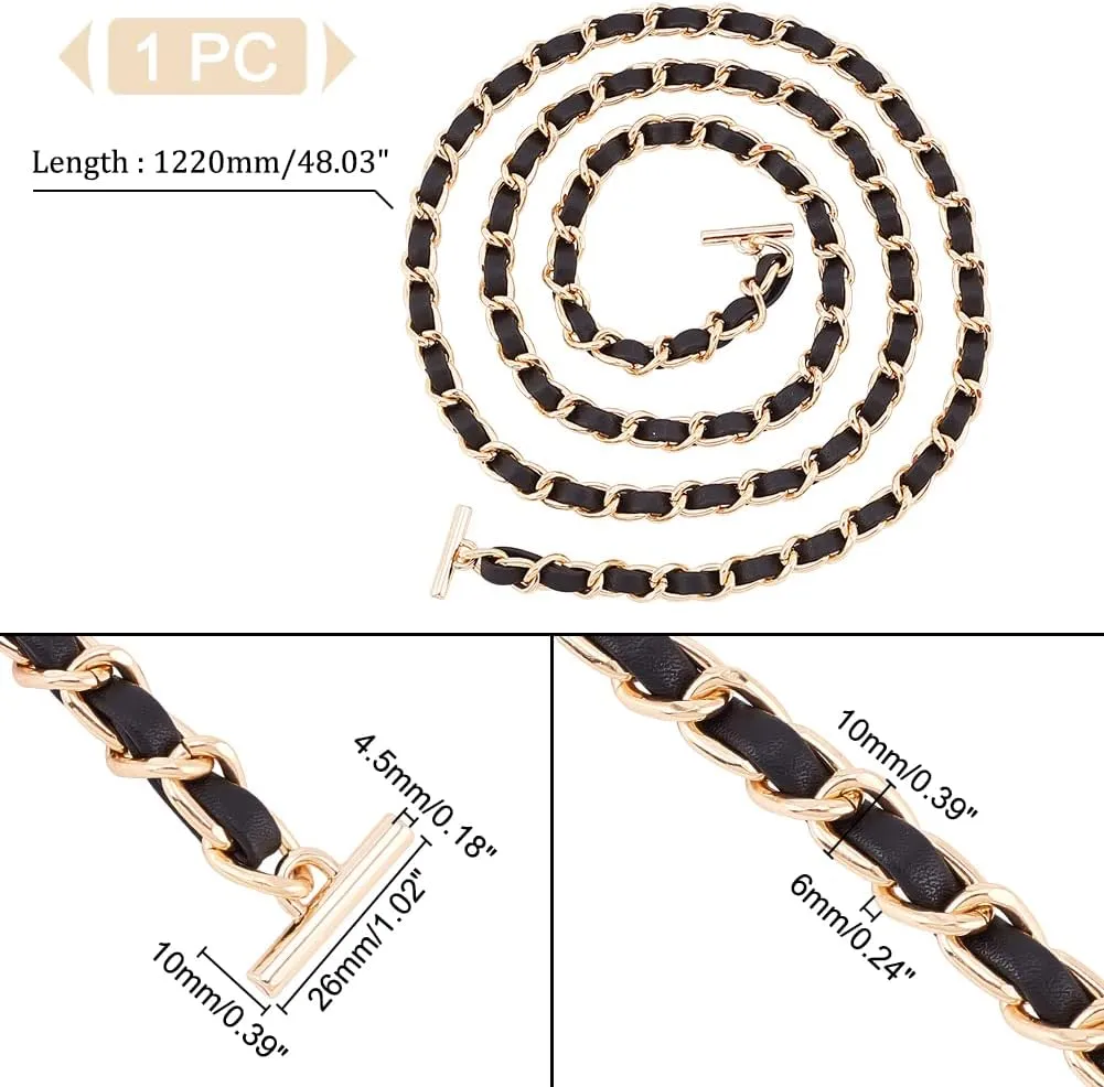 WADORN Leather Purse Chain Strap, 48 Inch PU Leather Woven Crossbody Replacement Strap with Toggle Clasp Iron Flat Chain Strap Handbag Chain Accessories for Clutch Evening Bag Satchel, Black 1