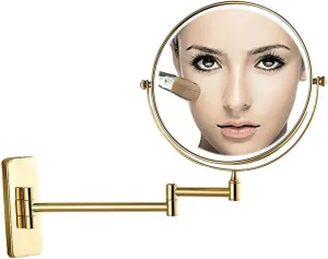 Wall Mirror, Wall Mounted Makeup Mirror with Magnification, Makeup Mirror for Bathroom, Two-Sided Extendable, 360 Degree Swivel, Extendable Arm, Round, No Light, Gold (Color : 8in, Size : 5X)