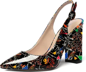 WAYDERNS Women's Patent Leather Pointed Toe Ankle Strap Slingback Block High Heel Pumps Sexy Wedding Dress Shoes 4 Inch