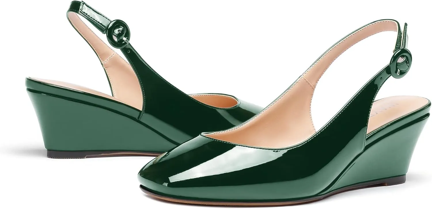 WAYDERNS Women's Patent Square Toe Buckle Slingback Wedge Low Heel Pumps Ladies Cute Dress Shoes 2 Inch