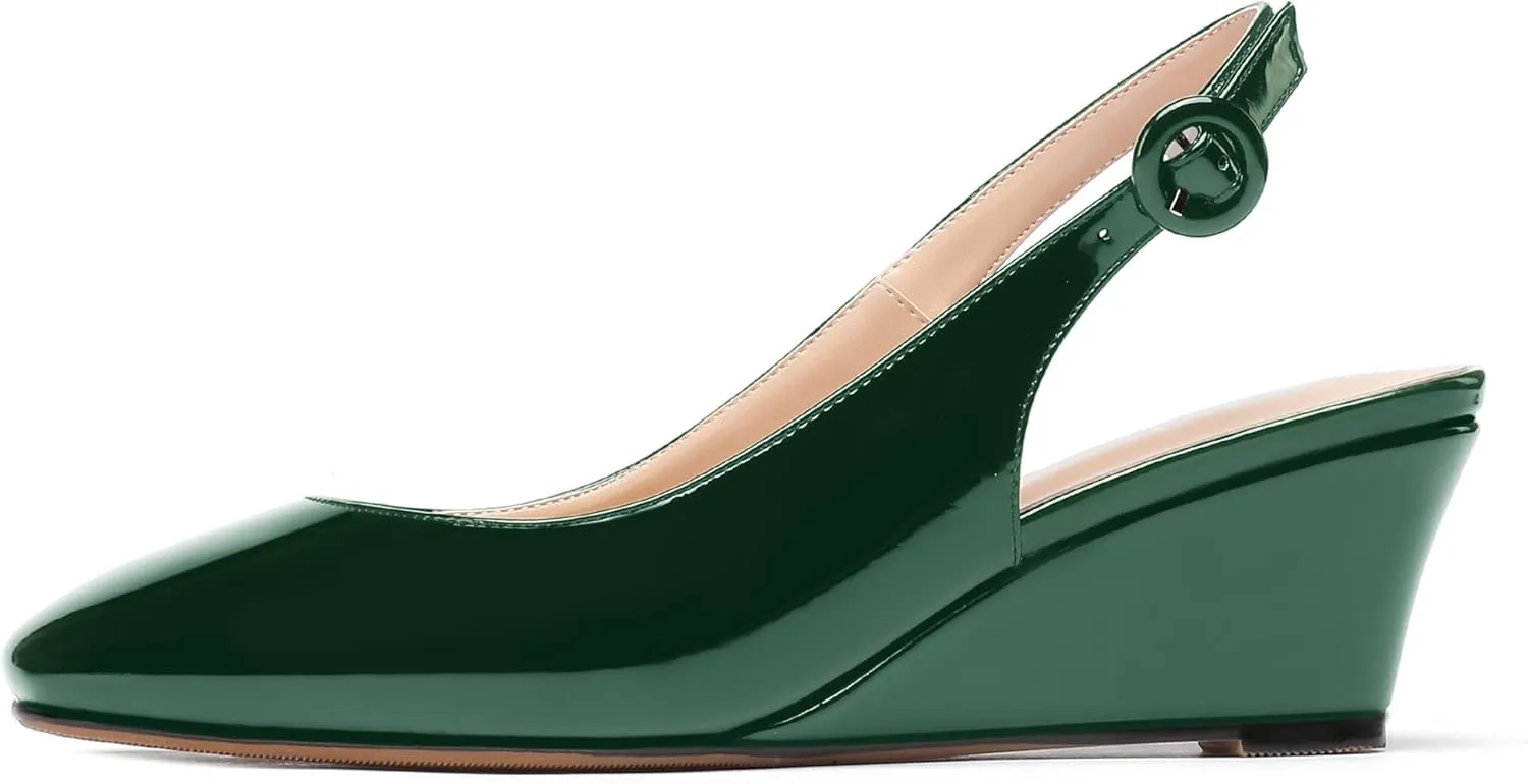 WAYDERNS Women's Patent Square Toe Buckle Slingback Wedge Low Heel Pumps Ladies Cute Dress Shoes 2 Inch