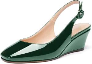 WAYDERNS Women's Patent Square Toe Buckle Slingback Wedge Low Heel Pumps Ladies Cute Dress Shoes 2 Inch