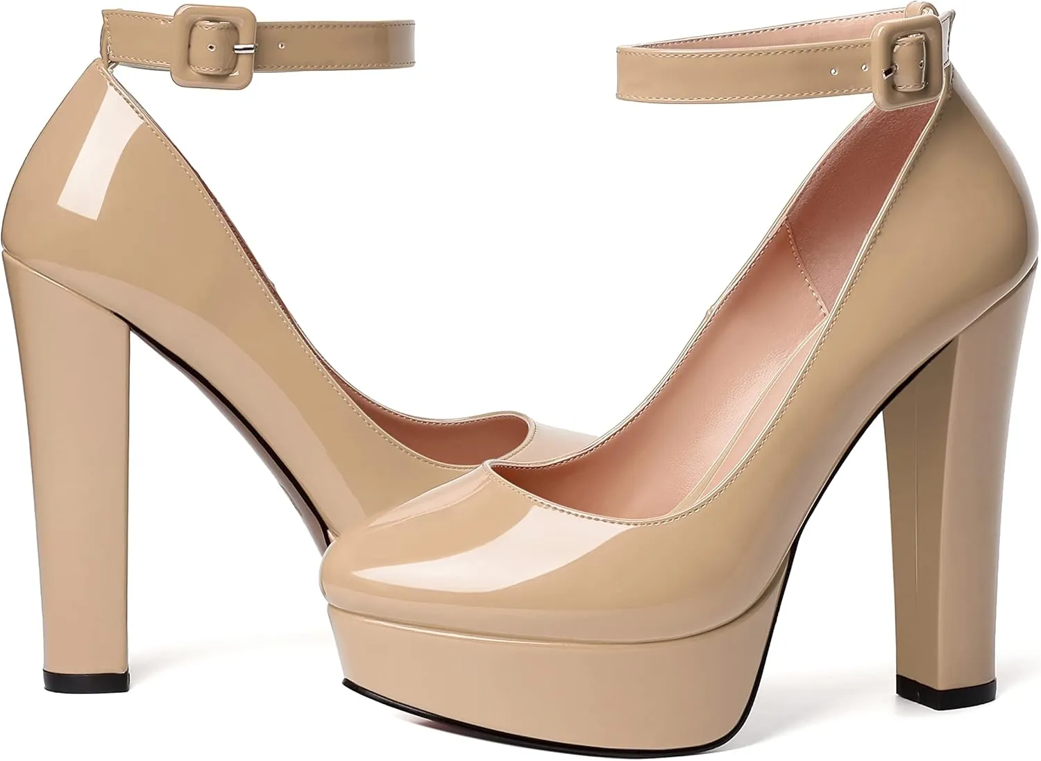 WAYDERNS Womens Platform Fashion Ankle Strap Patent Round Toe Buckle Party Block High Heel Pumps Shoes 5 Inch