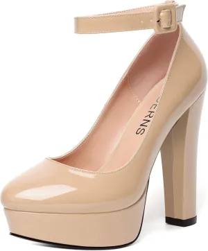 WAYDERNS Womens Platform Fashion Ankle Strap Patent Round Toe Buckle Party Block High Heel Pumps Shoes 5 Inch
